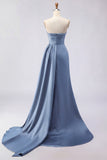 Royal Blue Strapless Mermaid Beaded Long Satin Prom Dress with Slit