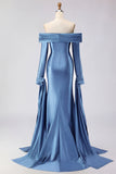 Dark Green Off The Shoulder Ruched Satin Mermaid Long Prom Dress with Long Sleeves