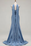 Blue Mermaid Corset Sweetheart Two Piece Long Satin Prom Dress with a Neck Scarf