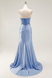 Strapless Beaded Mermaid Red Long Prom Dress with Slit