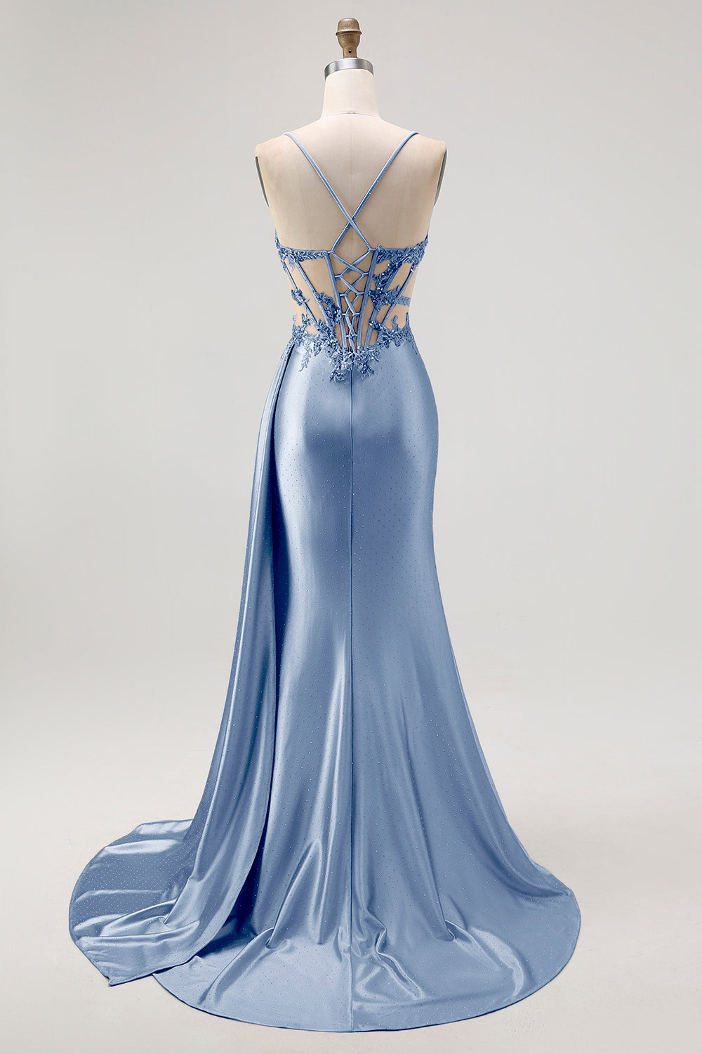 ZAPAKA Women Champagne Long Prom Dress with Slit Appliqued Spaghetti Straps Beaded Ruched Party Dress with Side Streamer, Grey Blue / US18W