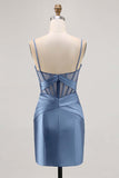 Royal Blue Sheer Corset Pleated Tight Homecoming Dress with Slit