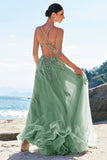 A Line Spaghetti Straps Dark Green Long Prom Dress with Criss Cross Back