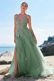 Green A-Line Spaghetti Straps Tulle Long Prom Dress with Criss Cross Back