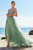 Green A-Line Spaghetti Straps Tulle Long Prom Dress with Criss Cross Back