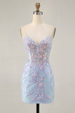 Light Blue Bodycon Spaghetti Straps Appliqued Homecoming Dress with Sequins