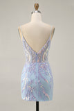 Light Blue Bodycon Spaghetti Straps Appliqued Homecoming Dress with Sequins