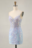 Light Blue Bodycon Spaghetti Straps Appliqued Homecoming Dress with Sequins
