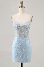 Light Blue Bodycon Spaghetti Straps Appliqued Homecoming Dress with Sequins
