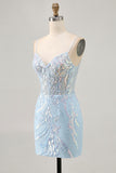 Blue Appliqued Homecoming Dress with Sequins