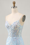 Light Blue Bodycon Spaghetti Straps Appliqued Homecoming Dress with Sequins