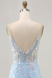 Light Blue Bodycon Spaghetti Straps Appliqued Homecoming Dress with Sequins