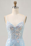 Light Blue Bodycon Spaghetti Straps Appliqued Homecoming Dress with Sequins