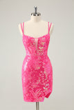 Gorgeous Hot Pink Bodycon Lace Up Glittler Short Homecoming Dress with Slit