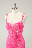 Gorgeous Hot Pink Bodycon Lace Up Glittler Short Homecoming Dress with Slit