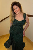 Dark Green Sheath Sparkly Sequin Pleated Long Prom Dress With Thigh Split