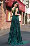 Dark Green Sheath Sparkly Sequin Pleated Long Prom Dress With Thigh Split