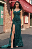 Sparkly Dark Green Sheath Sequin Pleated Long Prom Dress With Thigh Split