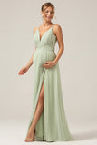 Dusty Sage A-Line Spaghetti Straps Pleated Chiffon Long Bridesmaid Dress