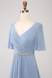 A-Line Chiffon Dusty Blue Long Bridesmaid Dress with Beaded Waist