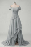 Off the Shoulder Chiffon Butter Yellow A-Line Ruched Maxi Dress with Slit