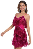 Sparkly Fuchsia Spaghetti Straps Tiered Short Homecoming Dress with Fringes