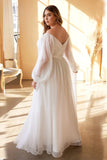 White A-Line Off the Shoulder Long Sleeves Ruched Wedding Party Dress