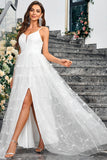 White A-Line Spaghetti Straps Appliques Tulle Long Wedding Party Dress with Slit