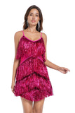 Sparkly Fuchsia Spaghetti Straps Tiered Short Homecoming Dress with Fringes