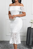 White Off the Shoulder Mermaid Ruffle Tea Length Party Dress