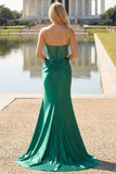 Dark Green Strapless Mermaid Corset Beaded Long Prom Dress with Slit