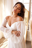 White A-Line Off the Shoulder Long Sleeves Ruched Wedding Party Dress