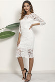 White Sheath 3/4 Sleeves Boat Neck Lace Knee Length Party Dress