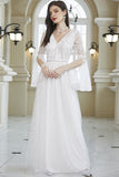 White A-Line V Neck Lace Bell Sleeves Long Wedding Party Dress