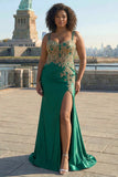 Dark Green Mermaid Sequins Beaded Plus Size Long Prom Dress with Slit