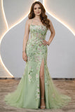 Green Mermaid Halter Corset Appliqued Long Prom Dress With Slit