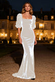 Navy Mermaid Square Neck Puff Sleeves Velvet Long Formal Dress