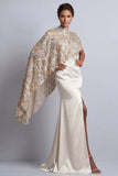 Champagne Mermaid Satin Mother of the Bride Dress with Detachable Cape