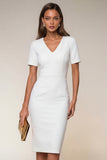 Black Bodycon V-Neck Midi Work Dress with Short Sleeves