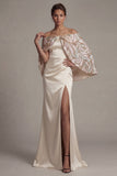 Satin Off the Shoulder Champagne Mermaid Mother Of the Bride Dress with Slit