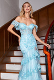 Stylish Mermaid Off the Shoulder Sky Blue Long Prom Dress with Lace Ruffles