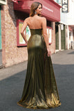Gold Mermaid Strapless Ruched High Slit Metallic Long Prom Dress with Side Streamer