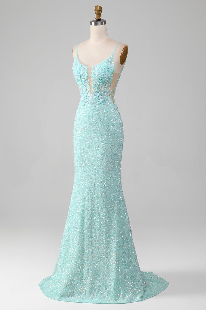 Sparkly Green Mermaid Sequin Bateau Party Prom Dress With Slit main image 1