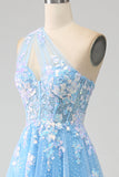 Stunning A Line One Shoulder Light Blue Long Tulle Prom Dress with Appliques
