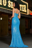 Spaghetti Straps Blue Sparkly Corset Prom Dress with Slit