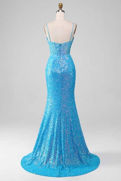 ZAPAKA Women Spaghetti Straps Blue Sparkly Corset Prom Dress with Slit