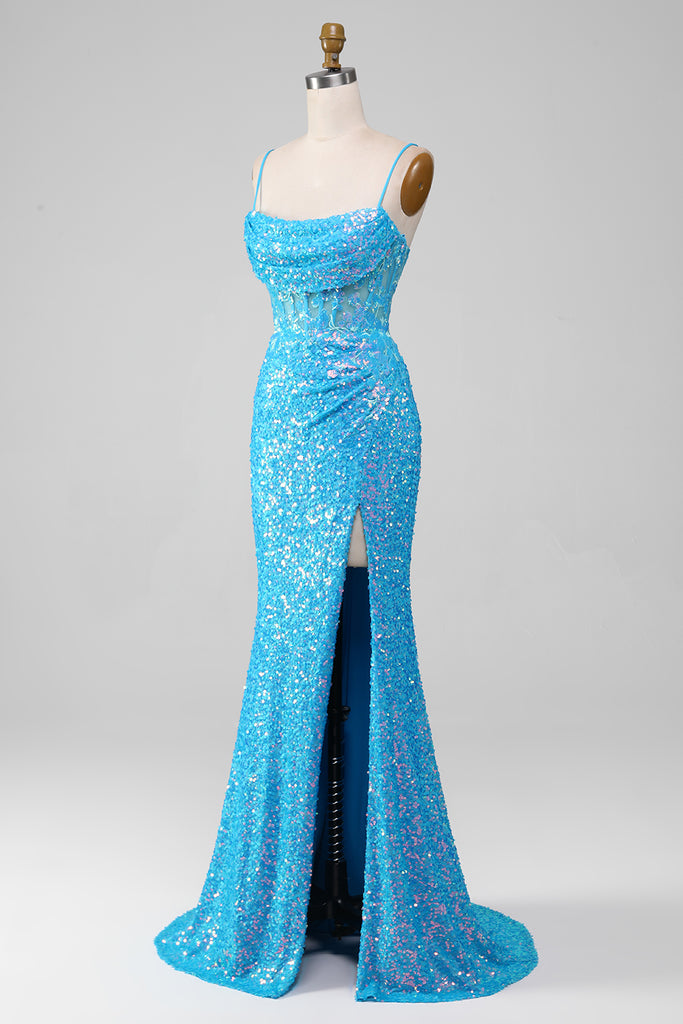 Blue Sequins Spaghetti Straps Long Party Dress with Slit, DP2135