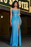 Spaghetti Straps Blue Sparkly Corset Prom Dress with Slit