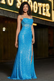 Stunning Mermaid Spaghetti Straps Blue Corset Prom Dress with Split Front
