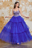 Gorgeous A Line Spaghetti Straps Royal Blue Long Prom Dress with Ruffles Appliques